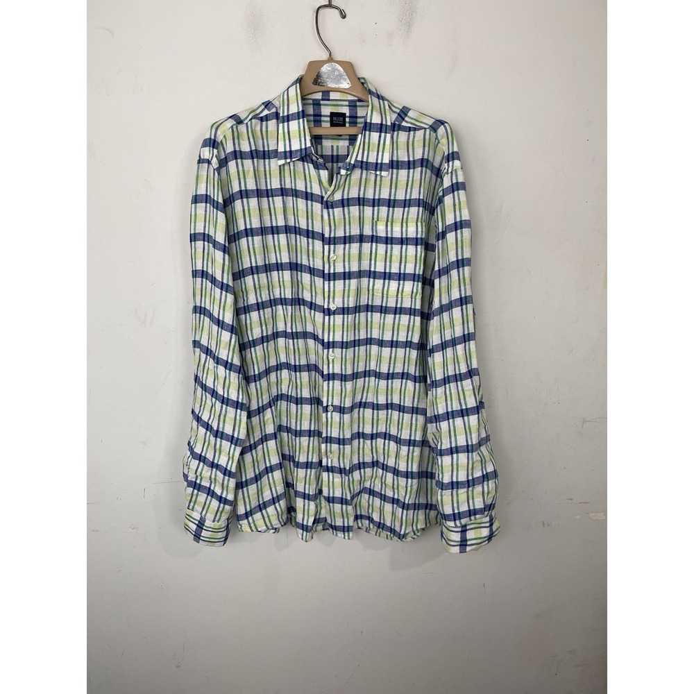 Saks Fifth Avenue Mens Shirt XXL Plaid Travel 100% Linen Beachy Button Up Preppy